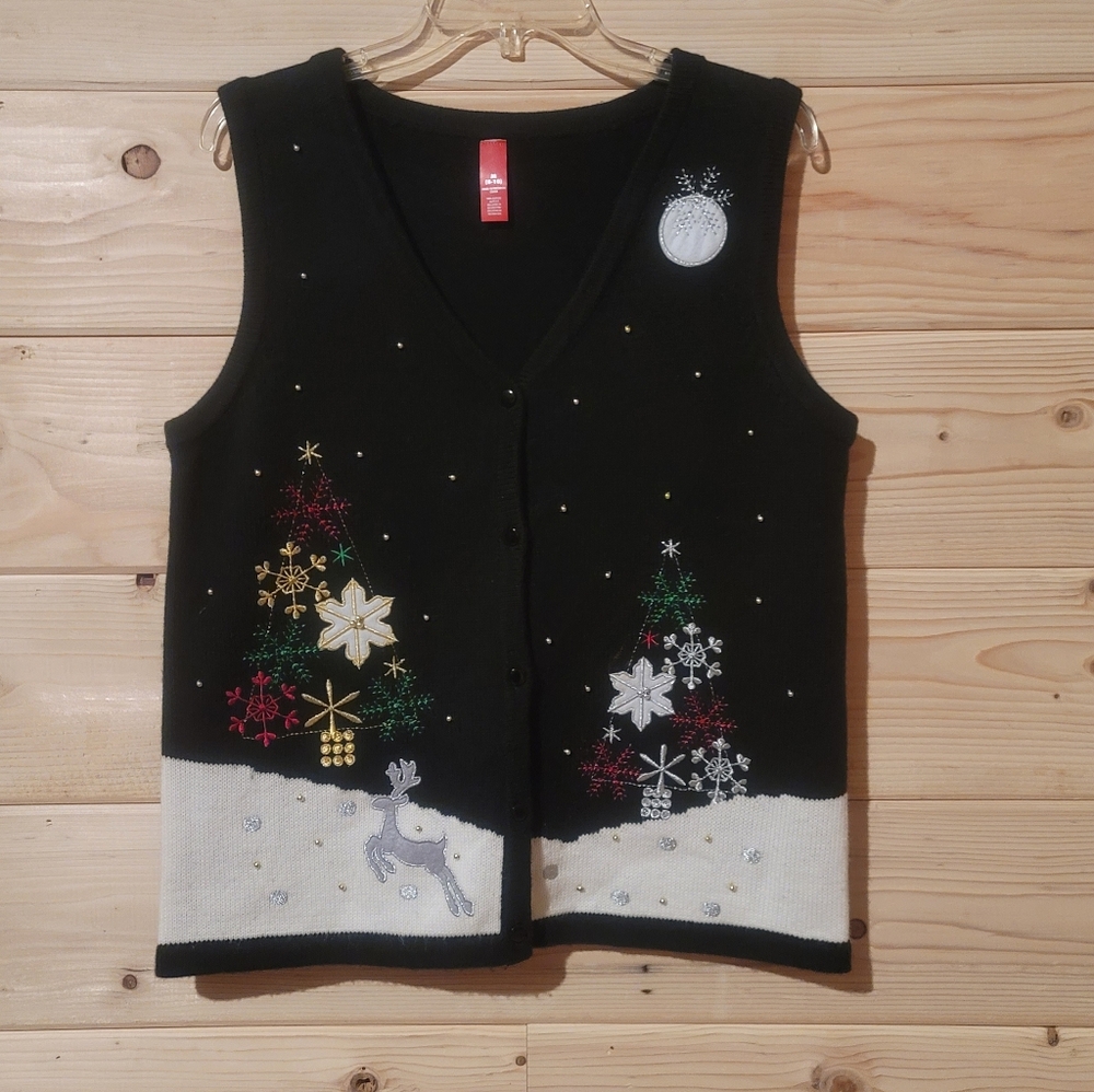 Black Snowflakes Christmas Tree Vest With Reindeer Size M (8-10) 20x25